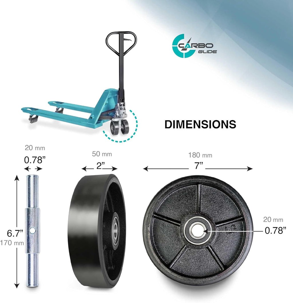 Pallet Jack/Truck Steering Wheels Set with Axle, Fasteners and Protective Caps (4 pcs) 7" x 2" with Bearings ID 20mm