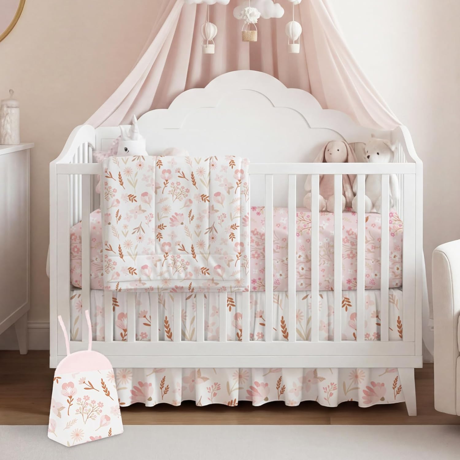 4 Pieces Crib Bedding Set for Girls and Boys, Soft Baby Bedding Set Including Crib Skirt, Comforter, Sheet and Diaper