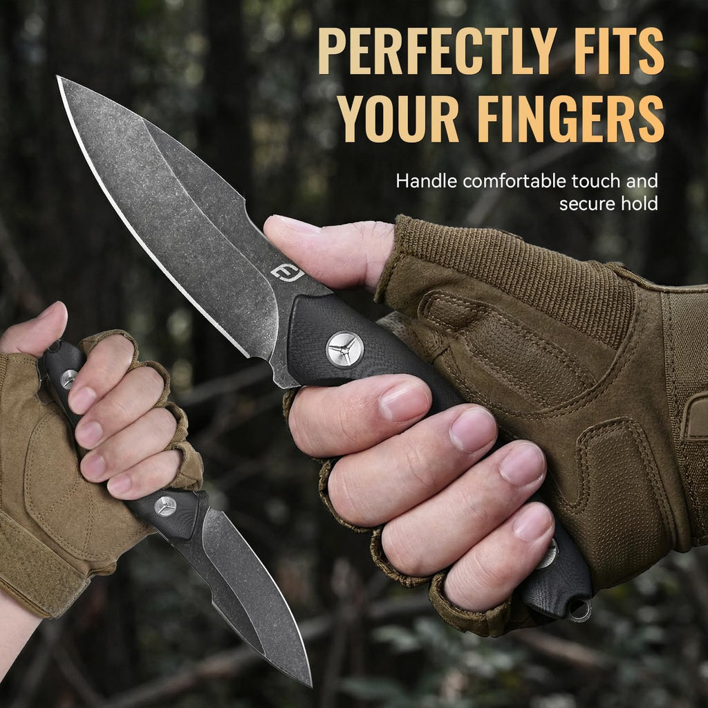 Fixed Blade Knife with Sheath, Black Stonewash Blade 4.33" Camping Knife with G10 Handle & Hidden Tool, Full Tang