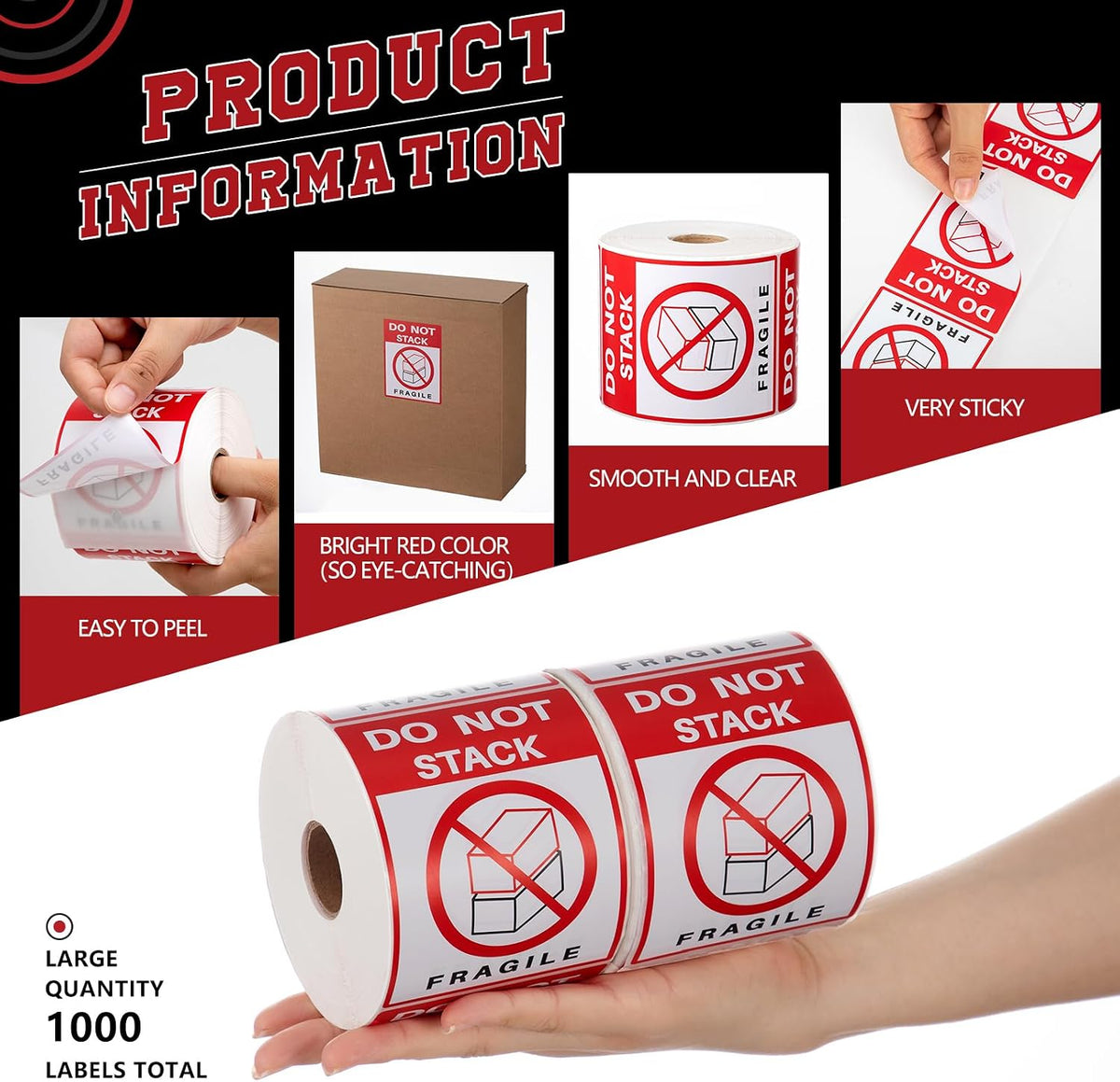 2 Rolls 3" x 4" 1000 Labels Do Not Stack Stickers, Heavy Duty Warning Labels for Shipping Boxes, Fragile Packages &