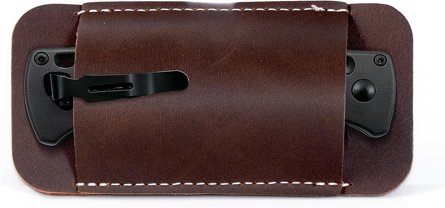 Leather Knife Sheath for Belt, Horizontal Carry Pocket Knife Holder, EDC Belt Pouch for Pocket Folding Knives, Darkbrown