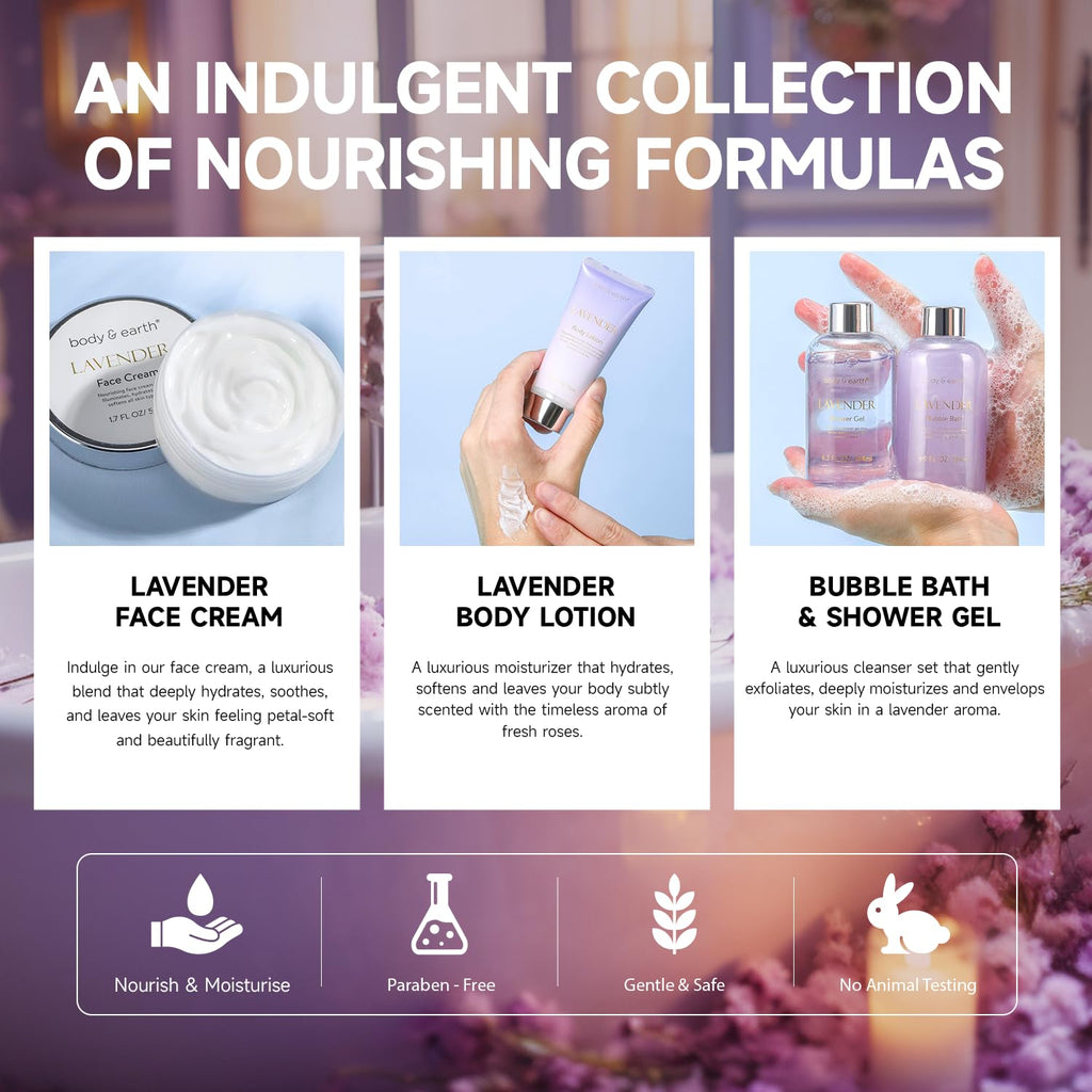 Spa Gifts for Women, Lavender Gift Set, Body & Earth 6 Pcs Bath Gift Sets, Self Care Kit, Birthday Relaxing Spa Set