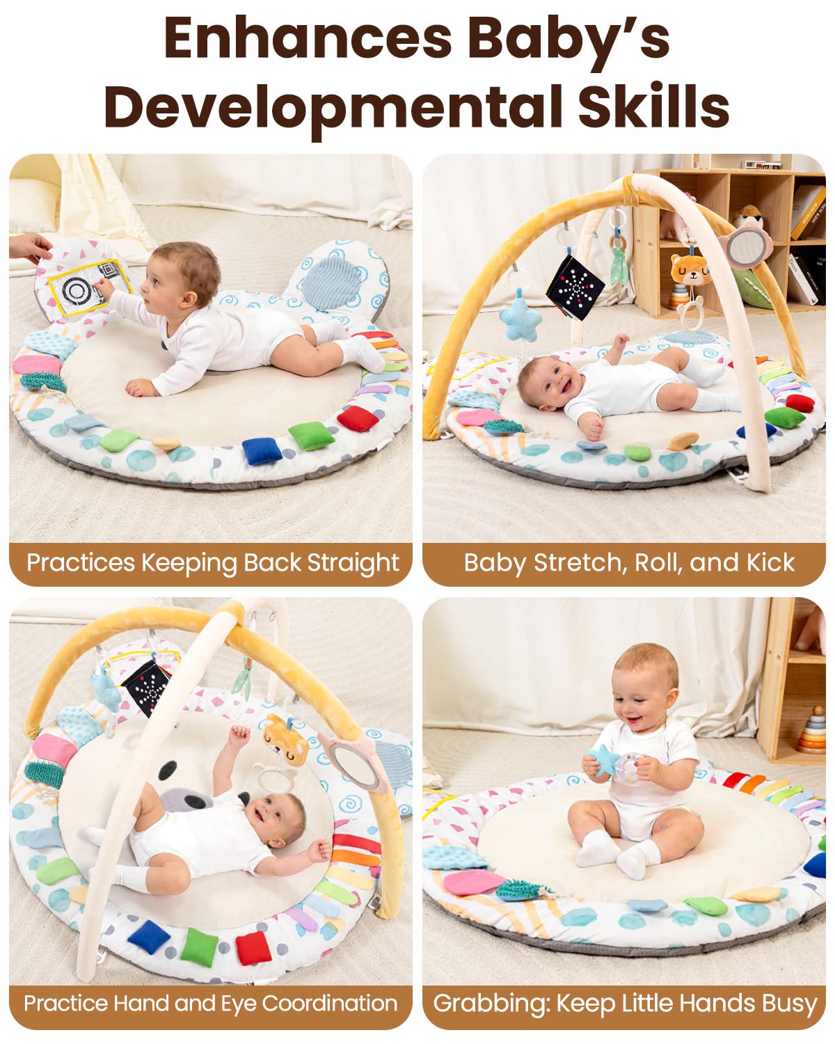 Baby Play Gym, Thickened and Non Slip Activity Mat, 5 Developmental Zones Tummy Time Mat with 5 Detachable Sensory