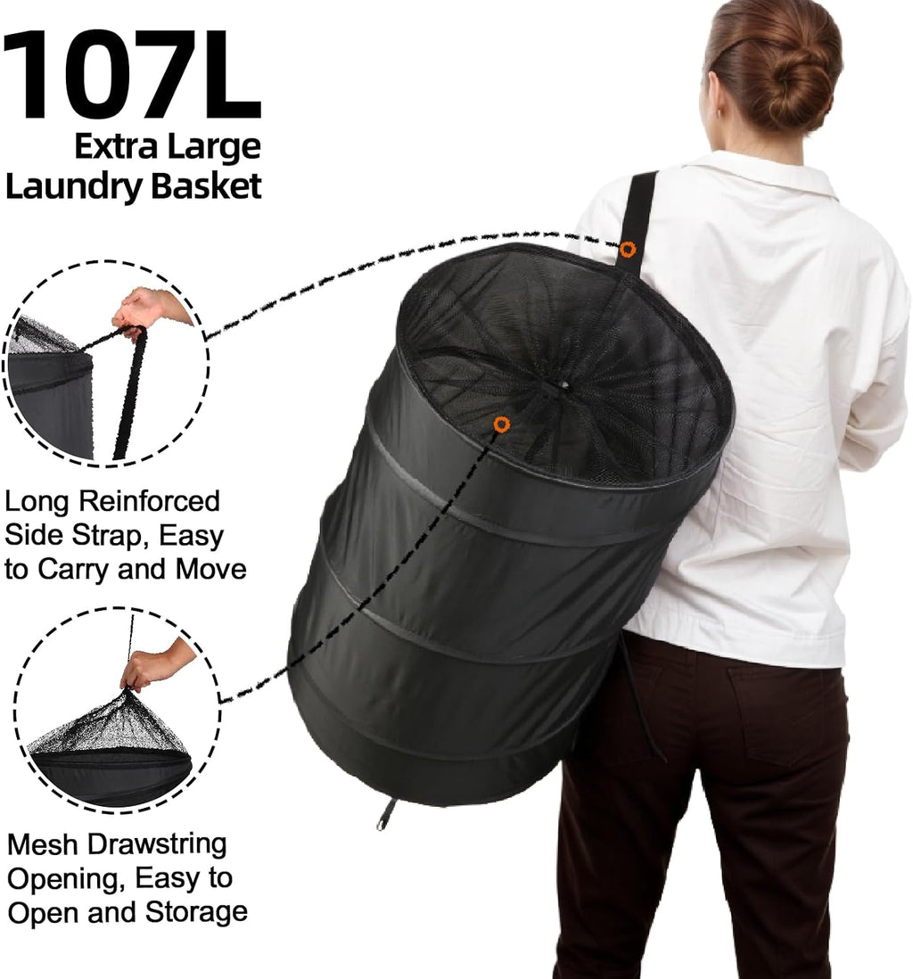 Extra Large 107L Strong Laundry Hamper 17.5" x 27" Collapsible Laundry Baskets with Long Straps Drawstring Barrel