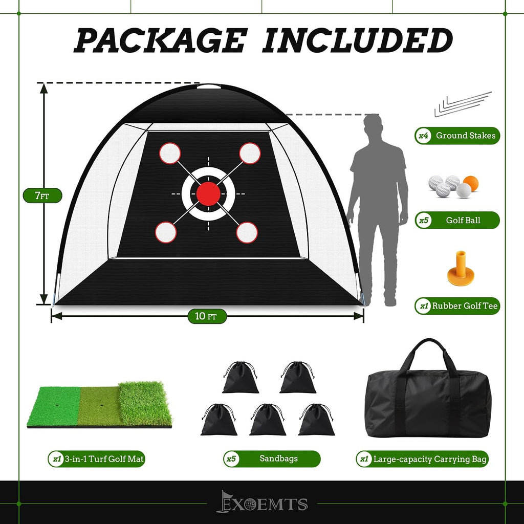 Golf Net 10x7FT with Tri-Turf Mat, Ball, Target & Bag, All-in-One Golf Practice Hitting Net for Backyard Driving