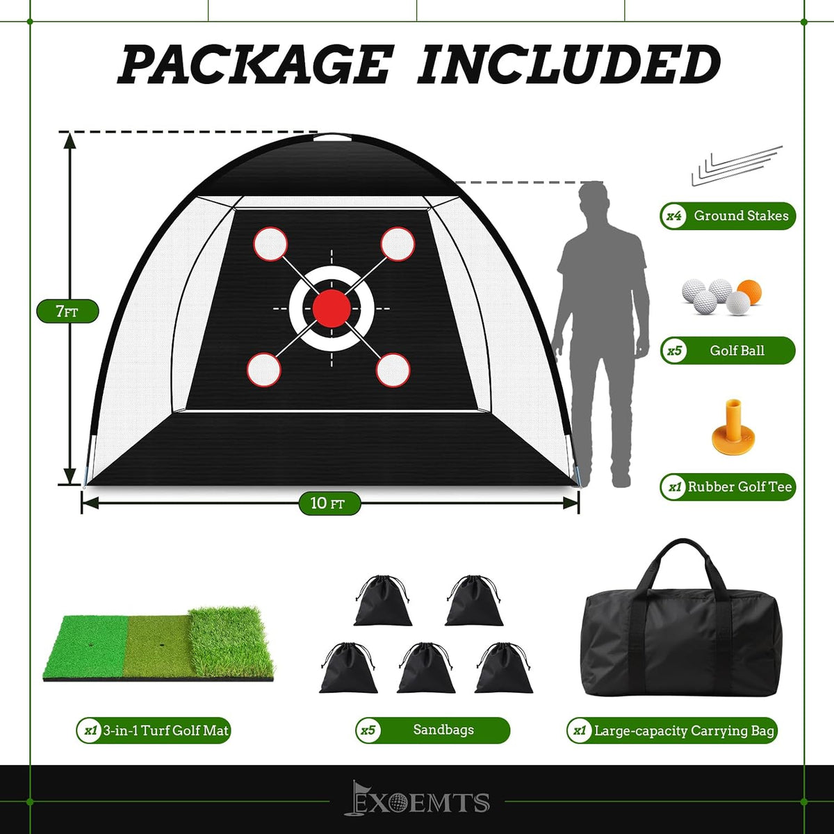 Golf Net 10x7FT with Tri-Turf Mat, Ball, Target & Bag, All-in-One Golf Practice Hitting Net for Backyard Driving