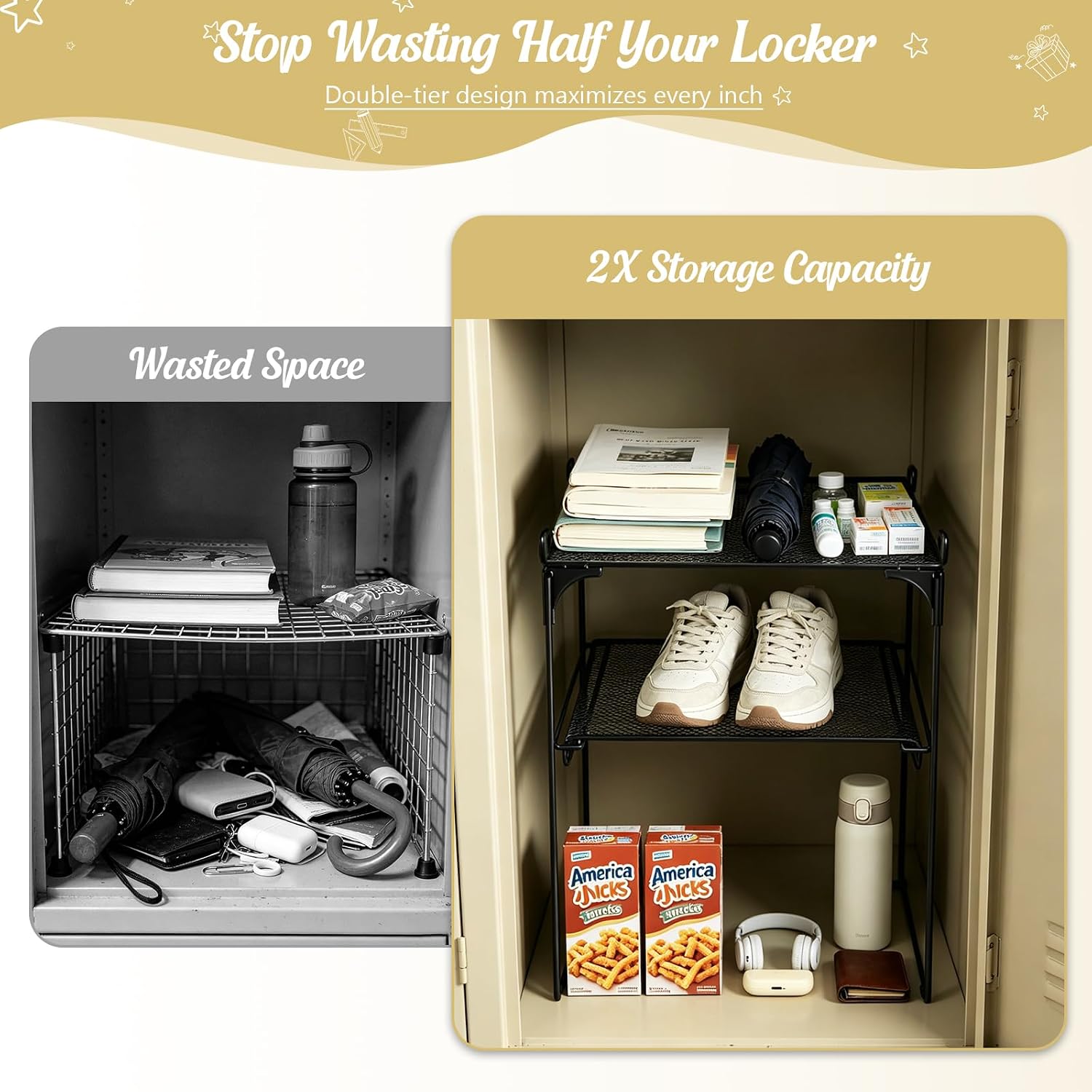 Black 2-Tier Locker Organizer Shelf Locker Accessories Kit, Metal Vertical Storage Rack with Magnetic Mirror