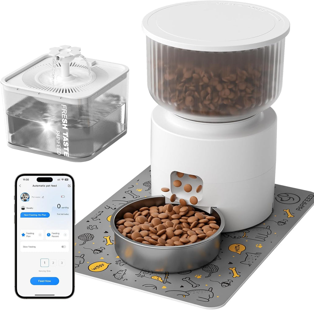 Automatic Cat Feeder and Water Fountain, 3L/12 Cups 2.4G WiFi Pet Feeder with Stainless Steel Bowl, Smart APP Control