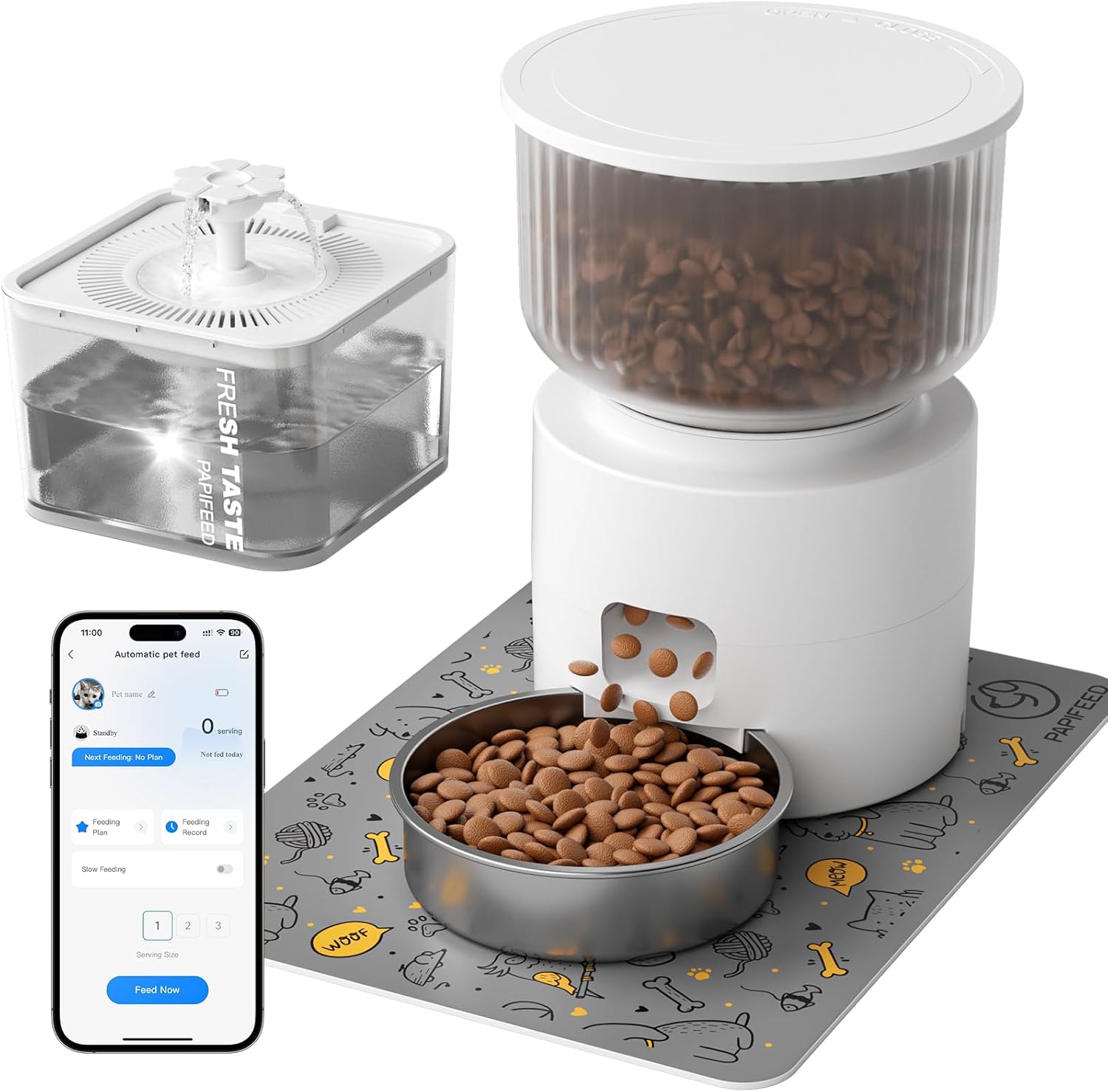 Automatic Cat Feeder and Water Fountain, 3L/12 Cups 2.4G WiFi Pet Feeder with Stainless Steel Bowl, Smart APP Control