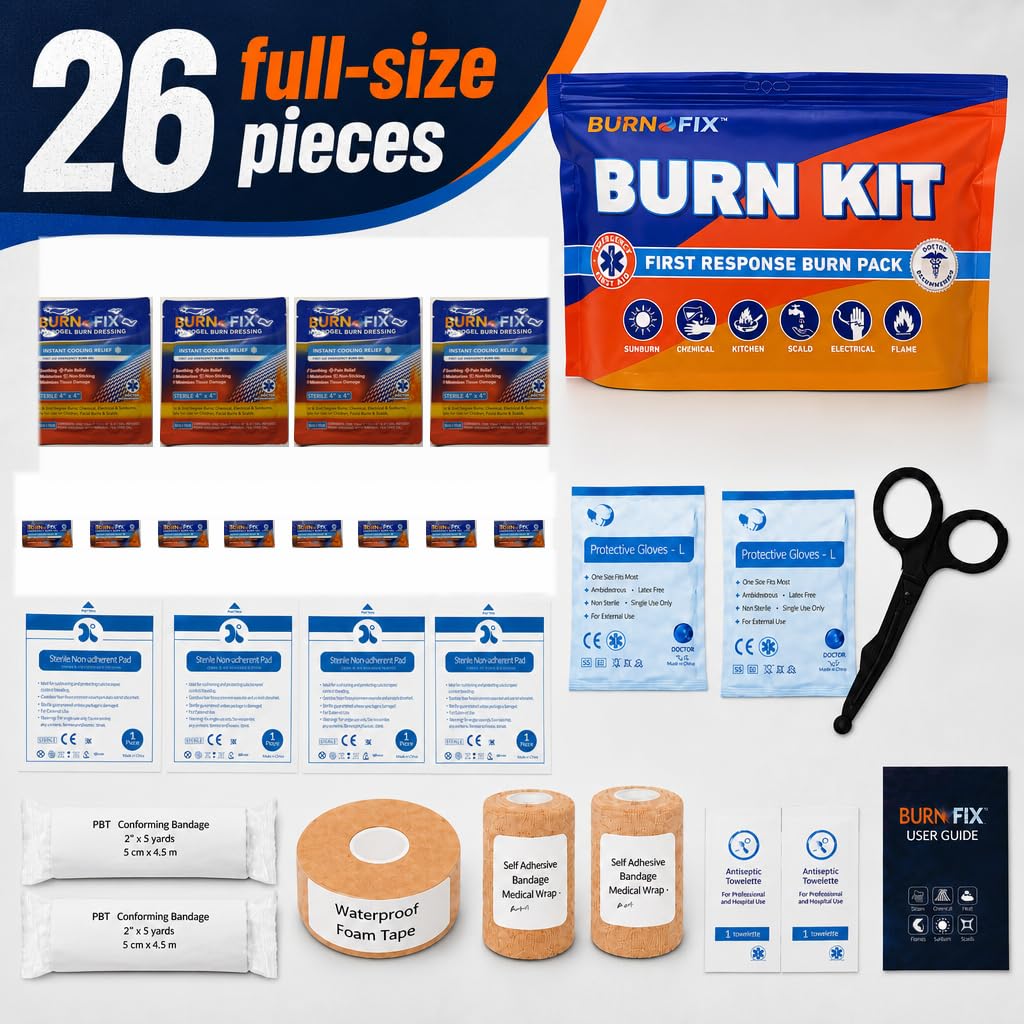 BurnFIX Burn Kit First Aid Recommended by Doctors, Comprehensive 25pcs First Aid Kit Includes Burn Gel, Burn