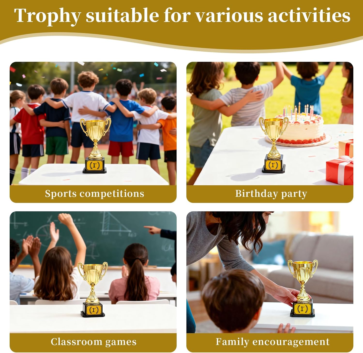 7.48" Gold Plastic Trophy Award with Pre-Attached 1st Place Label, Small Winner Cup for Kids Sports, Parties, School