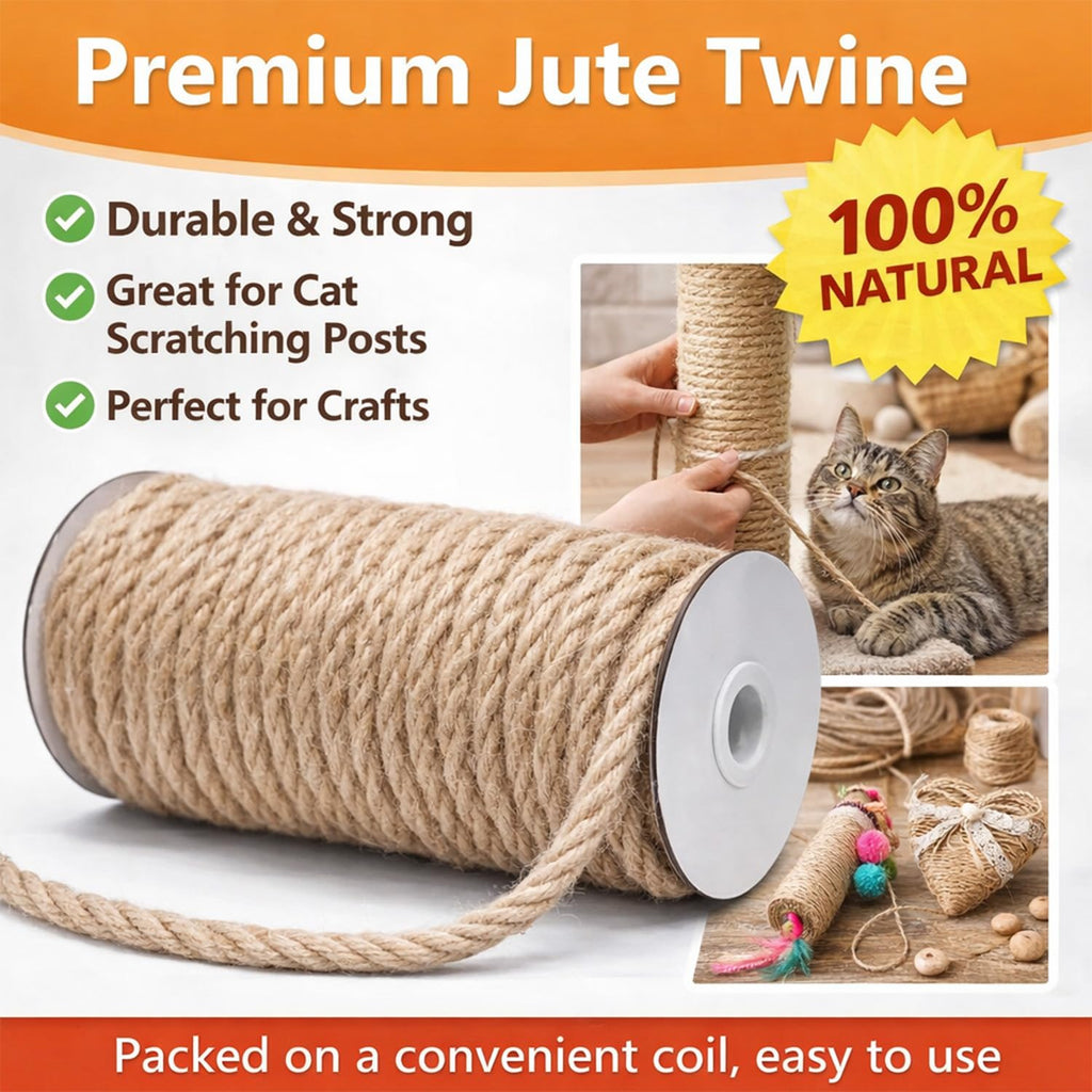 Thick Jute Twine, 8mm x 50FT Heavy Duty for Cat Scratching Posts