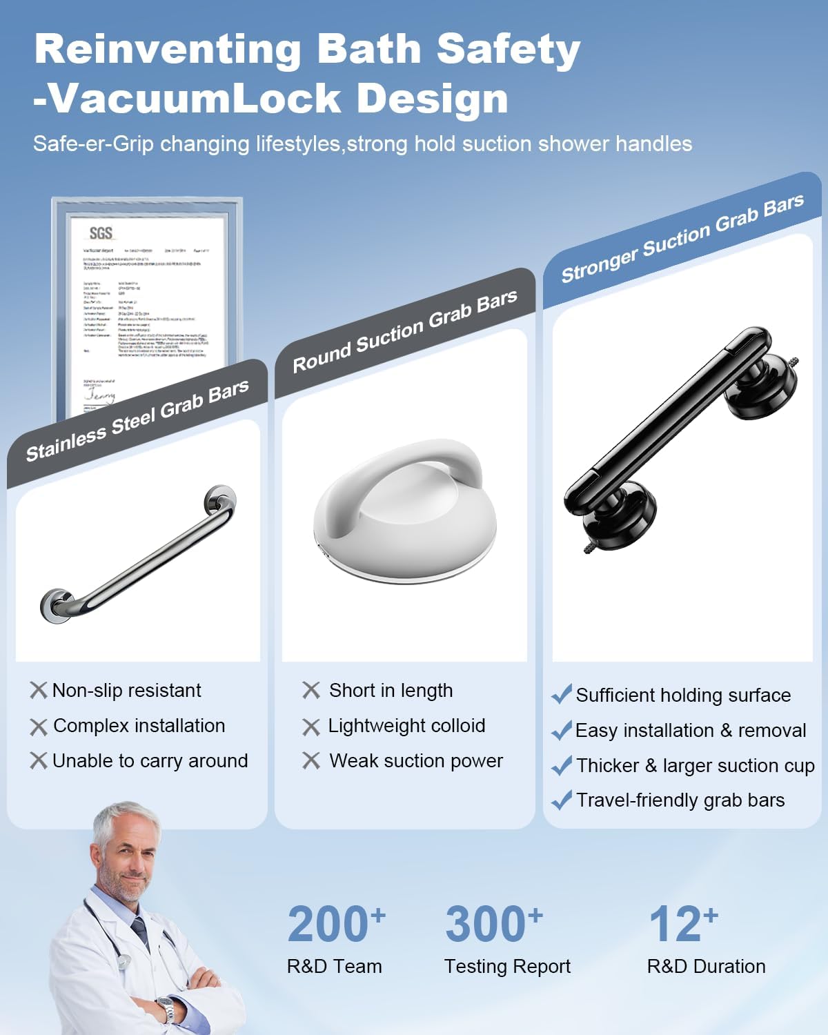 2 Pack Grab Bars for Bathtubs and Showers, No Drilling & Removable Shower Grab Bar Easy to Install, Heavy Duty