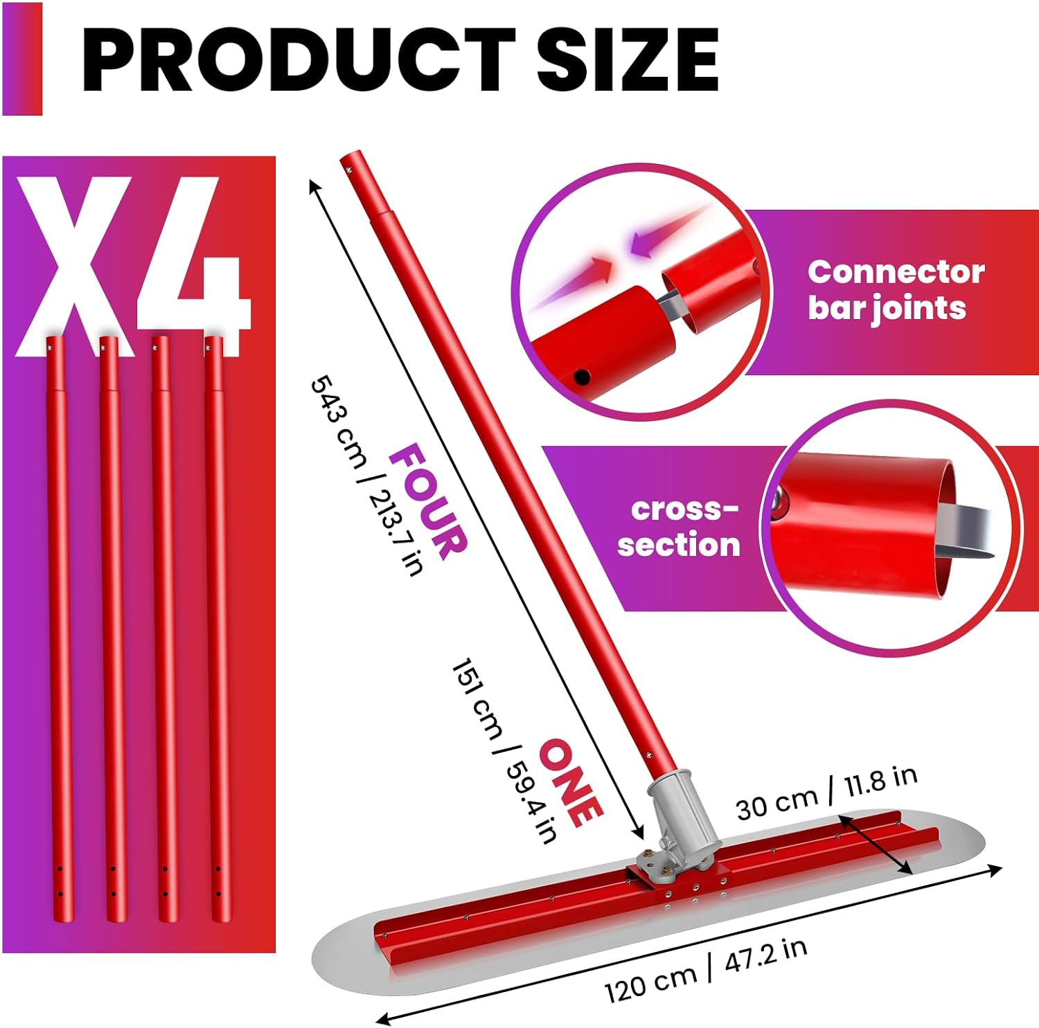 48''x12'' Round End Bull Float Concrete Kit, Stainless Steel Fresno Trowel with Adjustable Bracket, 4 Aluminum 60''