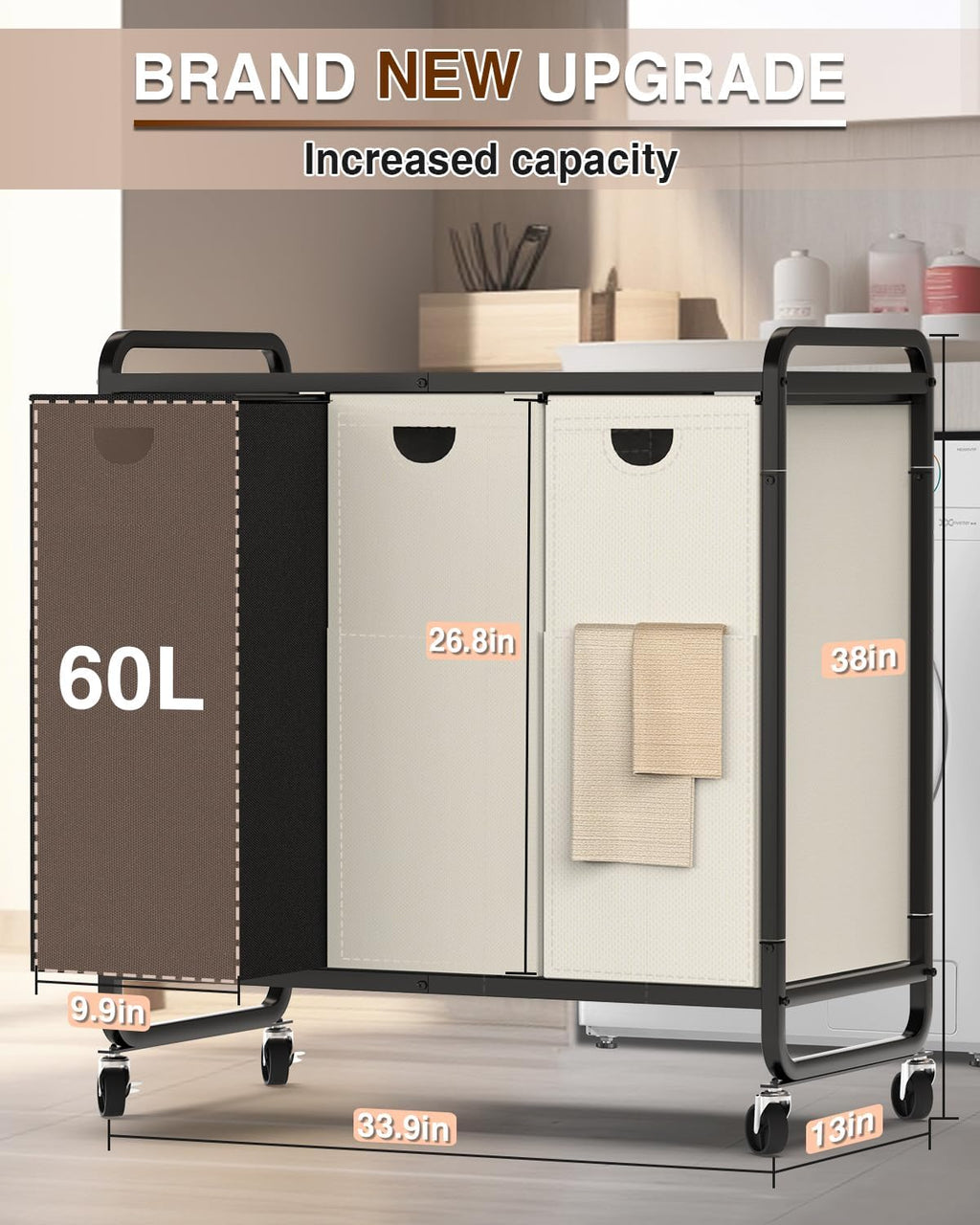 Laundry Sorter 3 Section,Laundry Basket with Wheels,3×15.8 Gal (60L) | Laundry Room Organization with Wooden Desktop
