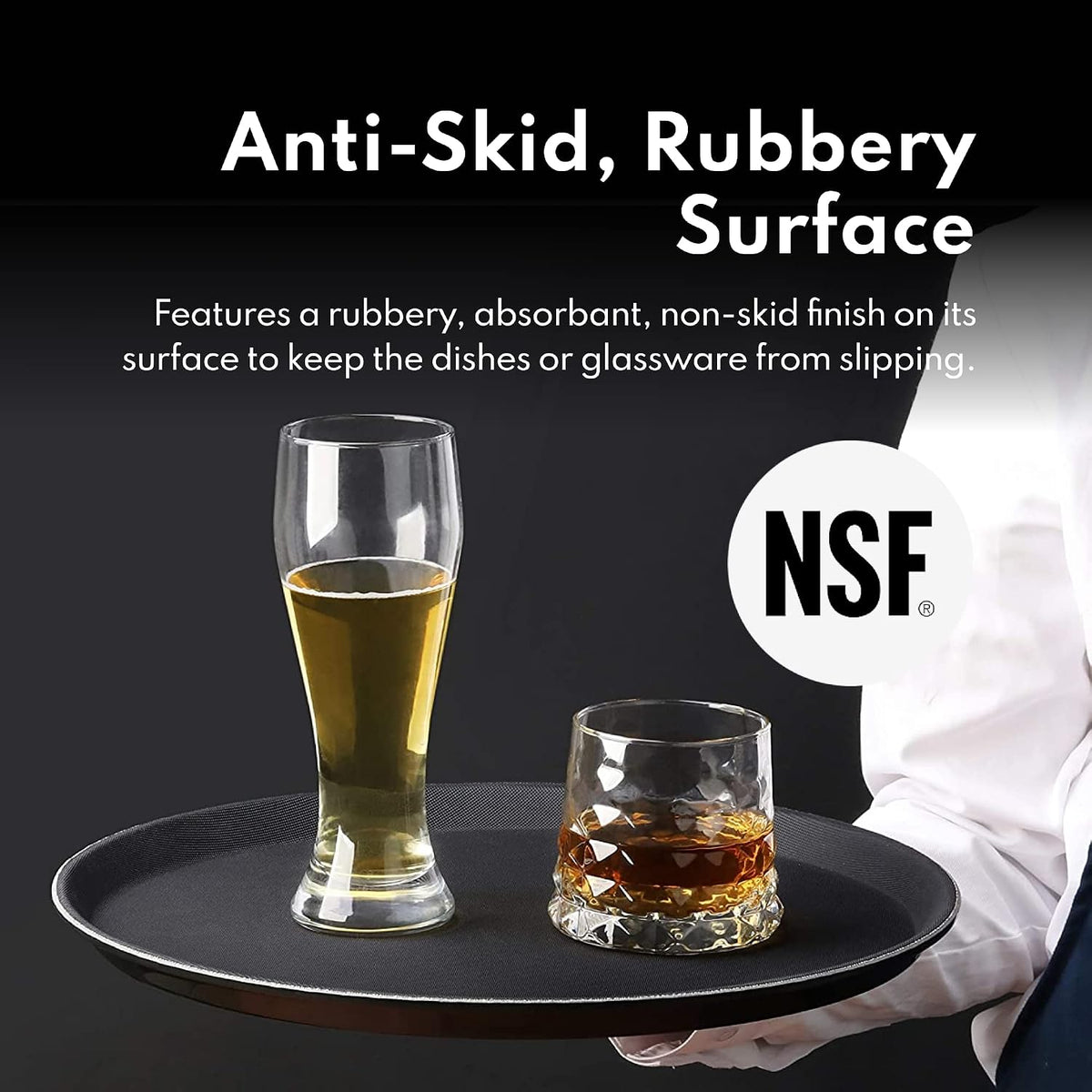 Non-Slip Serving Tray, 18 Inch Round Black Plastic