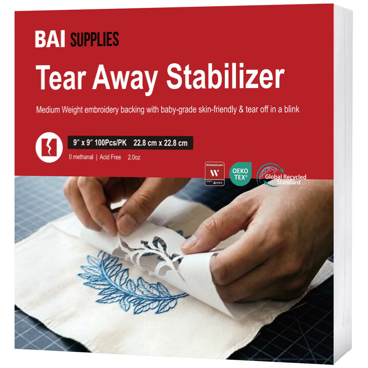 Tear Away Stabilizer for Embroidery 2.0oz, 9"x9" 100 Sheets