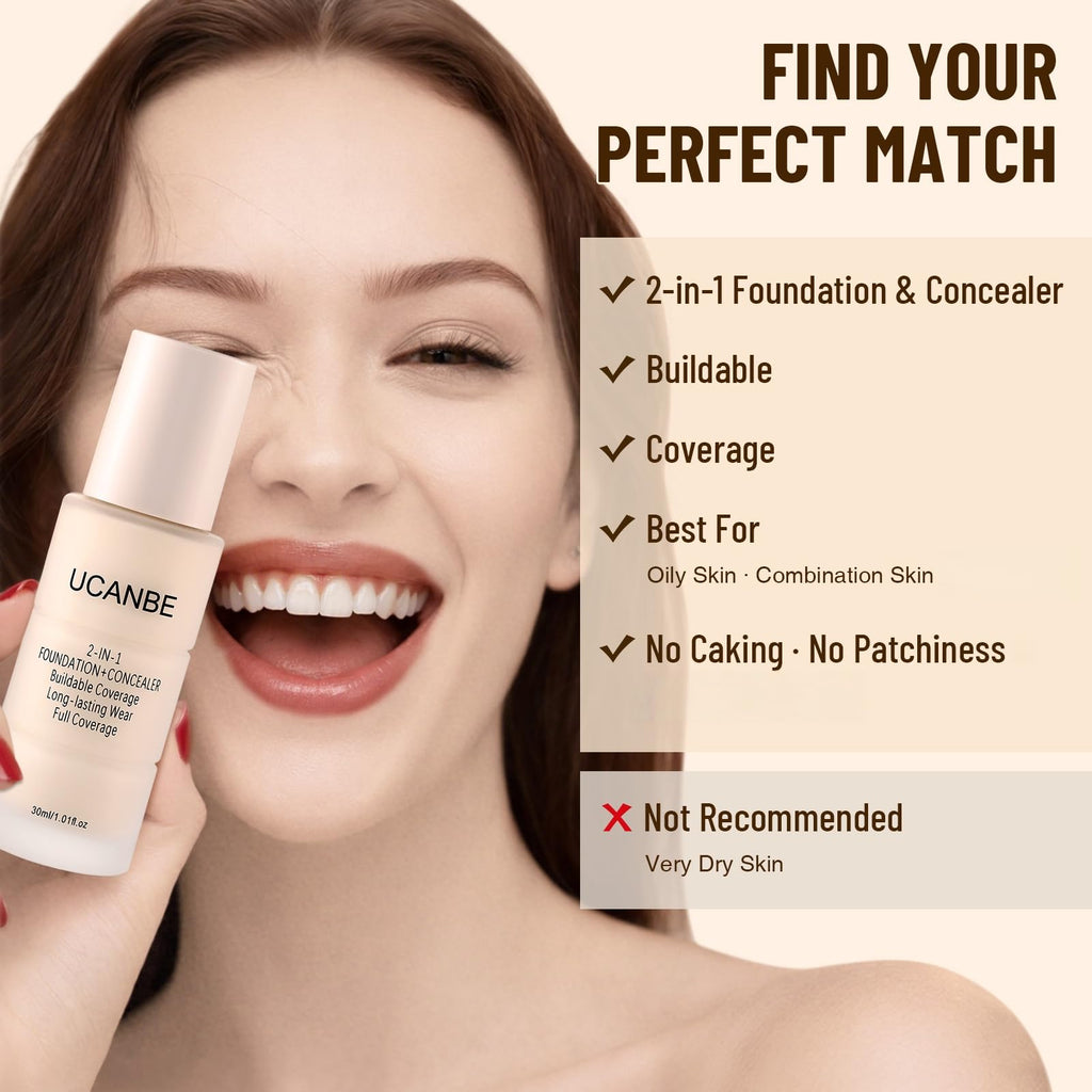 2-in-1 Liquid Foundation & Concealer, Full Coverage Foundation Makeup Set for Combination & Oily Skin, Hydrating