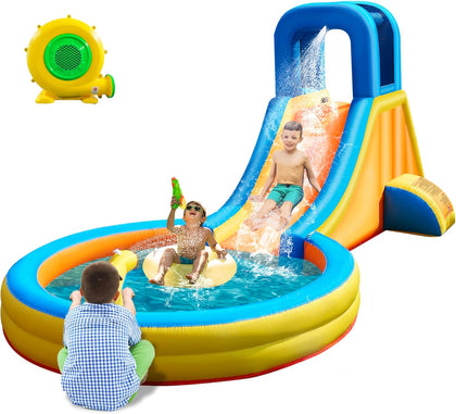 Inflatable Water Slide for Kids – 5-in-1 Blow Up Bounce House with Long Slide, Climbing Wall, Splash Pool, Water