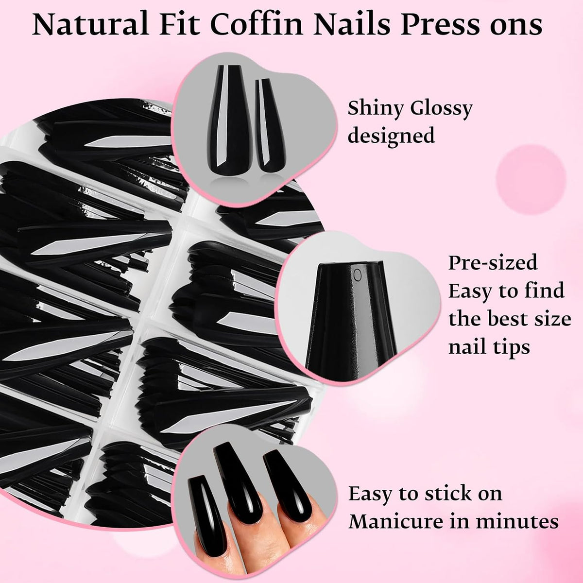 144pc Black Press on Nails Long Fake Nails Coffin Glue on Nails Press ons