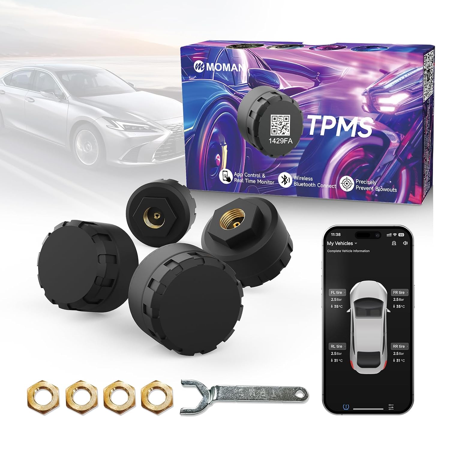 Tire Pressure Monitoring System TPMS Sensors Set of 4 for RV Cars | Wireless Bluetooth Tire Pressure Caps, Auto