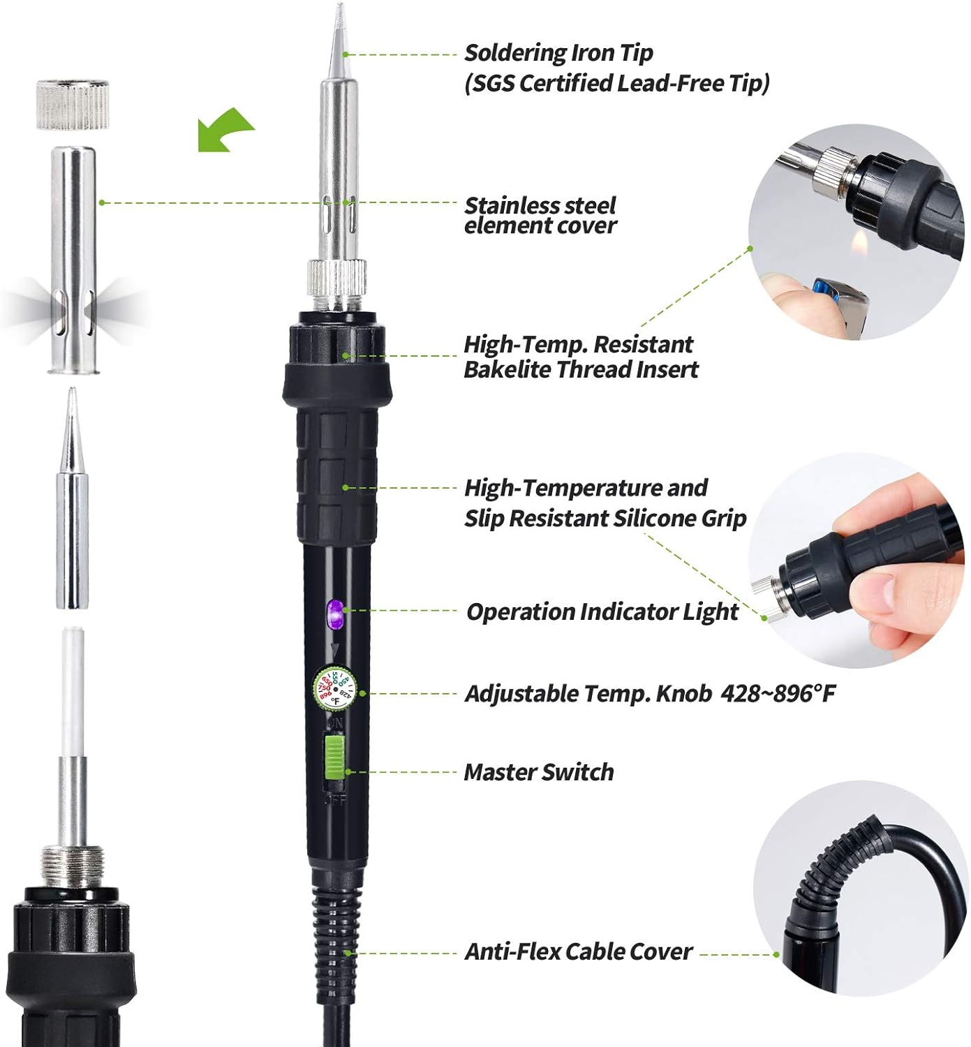 947-III 60W Soldering Iron Kit Adjustable Temperature with Sticky Holder, Tip Cleaner, Cleaning Sponge Power Switch
