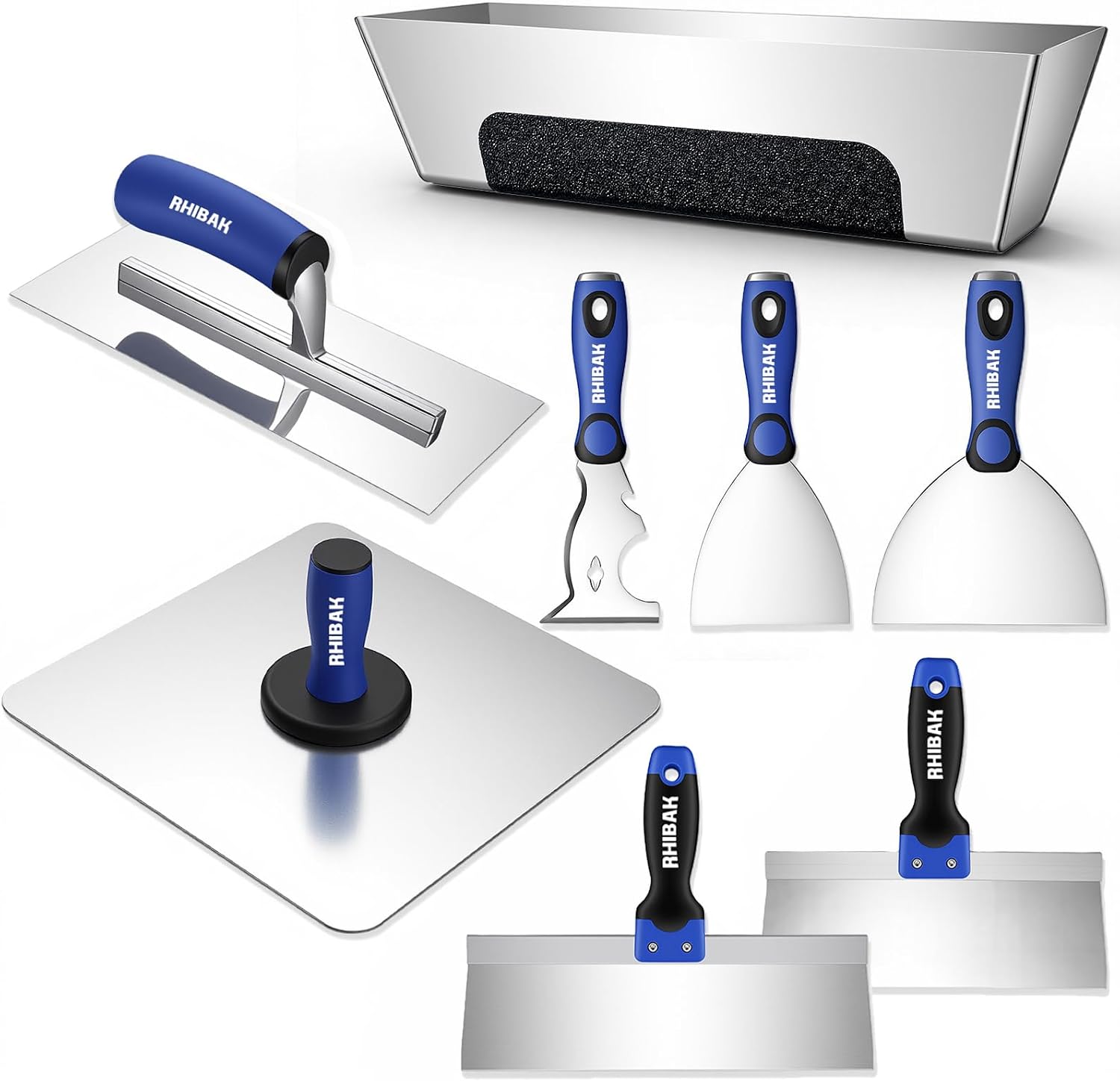 Drywall Hand Tools Kit, Drywall Knife Set with Putty Knives, Taping Knives, Aluminum Hawk, Mud Pan, Flat Finishing