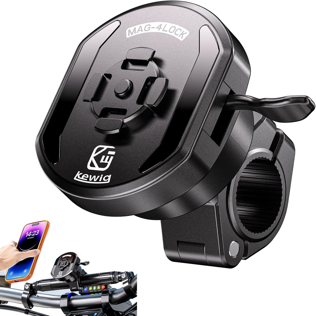 Aluminum Alloy Motorcycle Magnetic Phone Mount with Magnetic 4-Lock‌ | Vibration Dampener, 1s Auto Lock Bike Phone