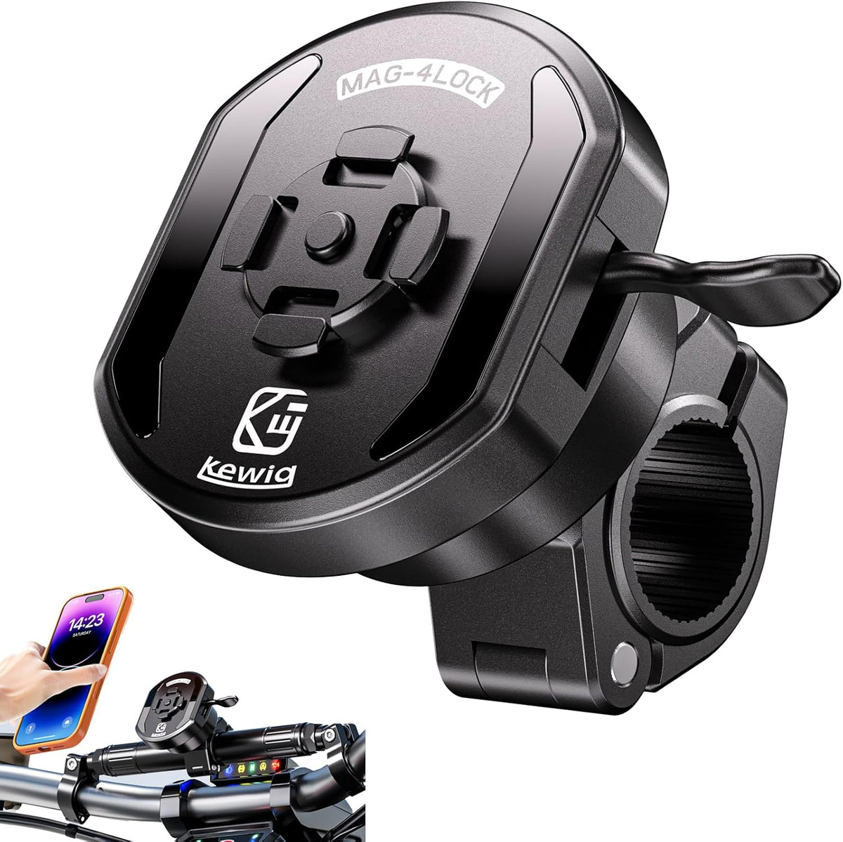 Aluminum Alloy Motorcycle Magnetic Phone Mount with Magnetic 4-Lock‌ | Vibration Dampener, 1s Auto Lock Bike Phone