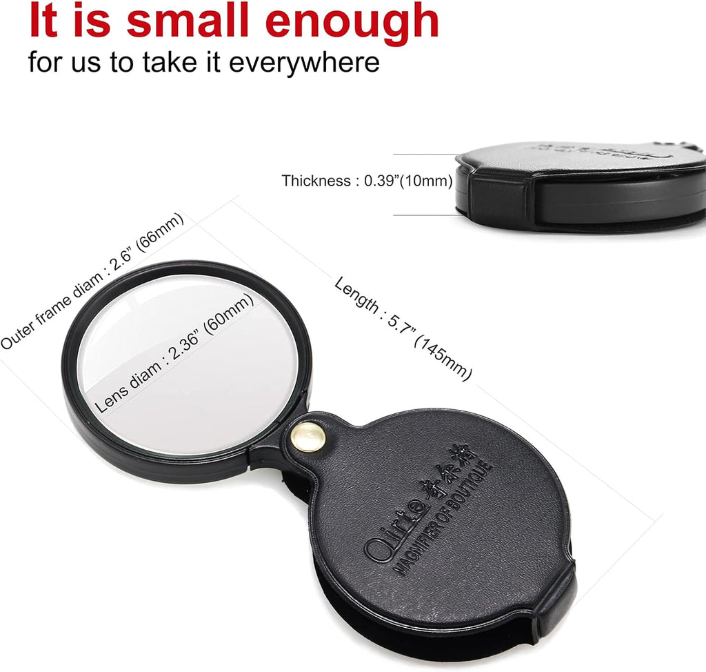10x Small Magnifying Glass for Seniors/Kids, Pocket Folding Magnifier | with Rotating Protective Leather Sheath