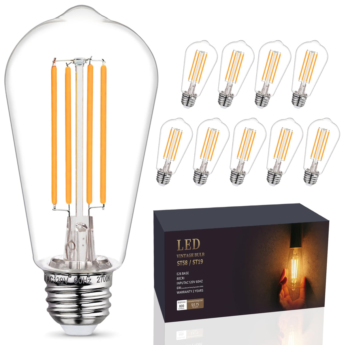 10-Pack Shatter Resistant LED Edison Light Bulbs 60W Equivalent