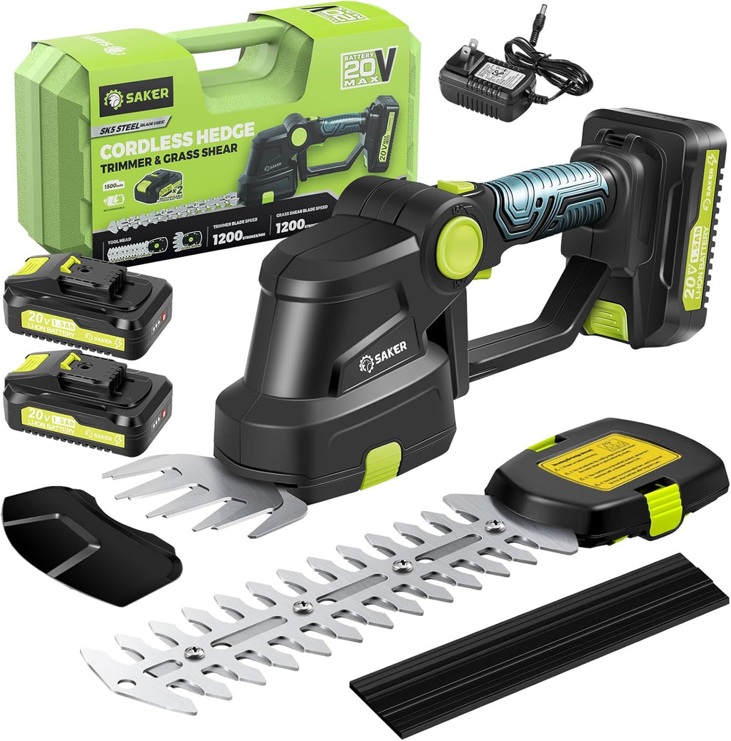 20V Cordless Hedge Trimmer,2 in 1| Bush Trimmer with 2 Battery | Electric Shrub Trimmer Grass Shears , Handheld Grass