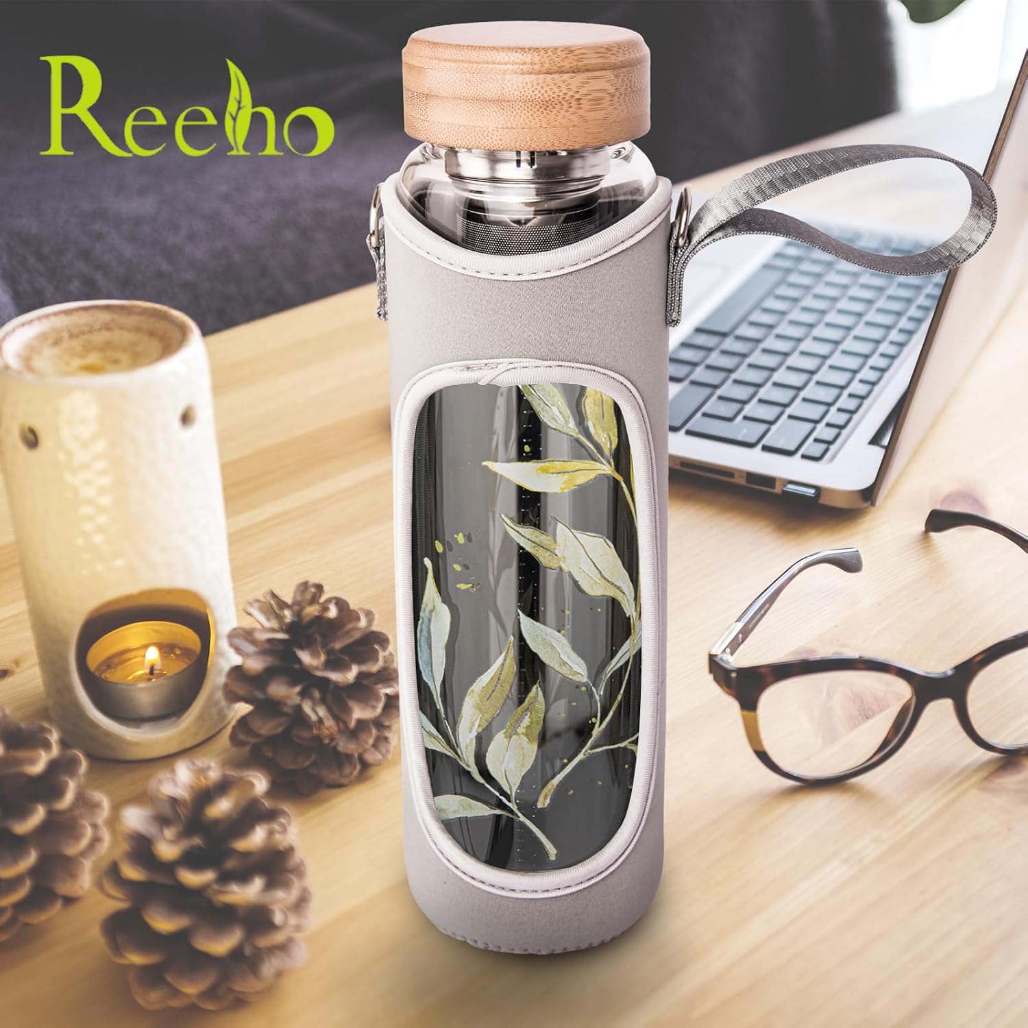 32oz Borosilicate Glass Water Bottle with Tea Infuser, Tea Tumbler with Strainer, Reusable Travel Mug with Sleeve & 2