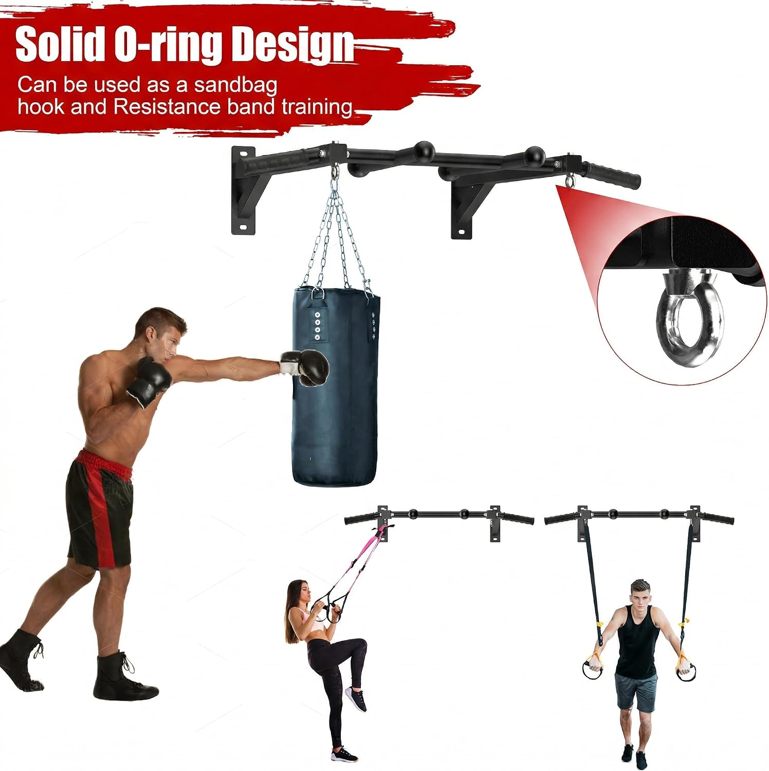 Upgrade Wall Mount Pull Up Bar, Heavy Duty Steel PullUp Bar Fits 24'' Wood Studs, Multi Grip Pull Up Bar with Ball
