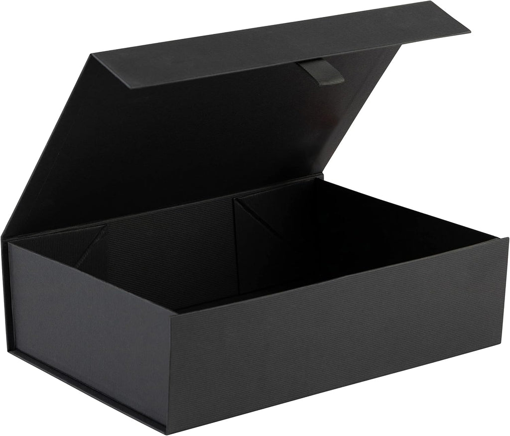 Hard Black Gift Box With Magnetic Closure Lid 10.5"x7"x3" Pack Of 2 Black Ribbed Rectangle Favor Boxes With Black