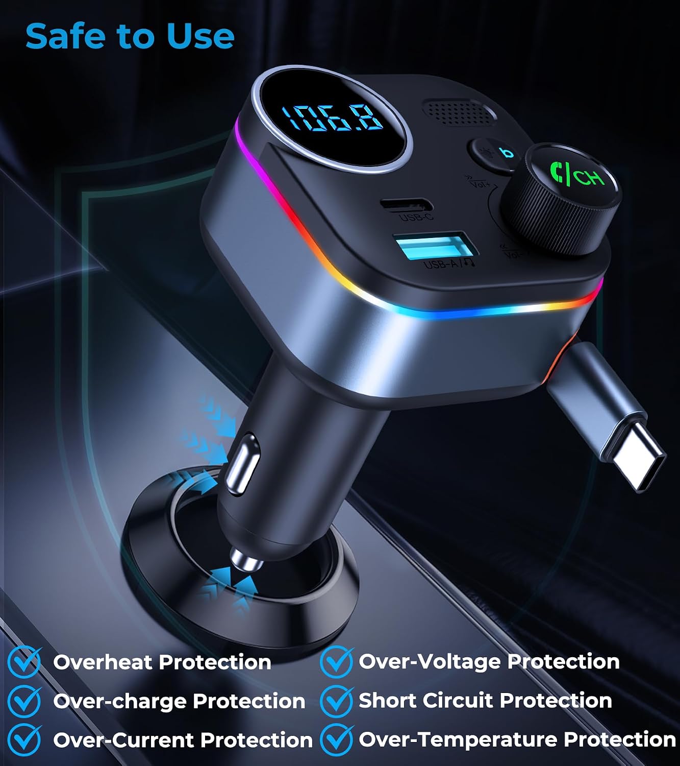 Bluetooth 5.4 FM Transmitter, 72W Car Charger with 45W Retractable USB-C PD | Built-in Cable, Hands-Free Calling