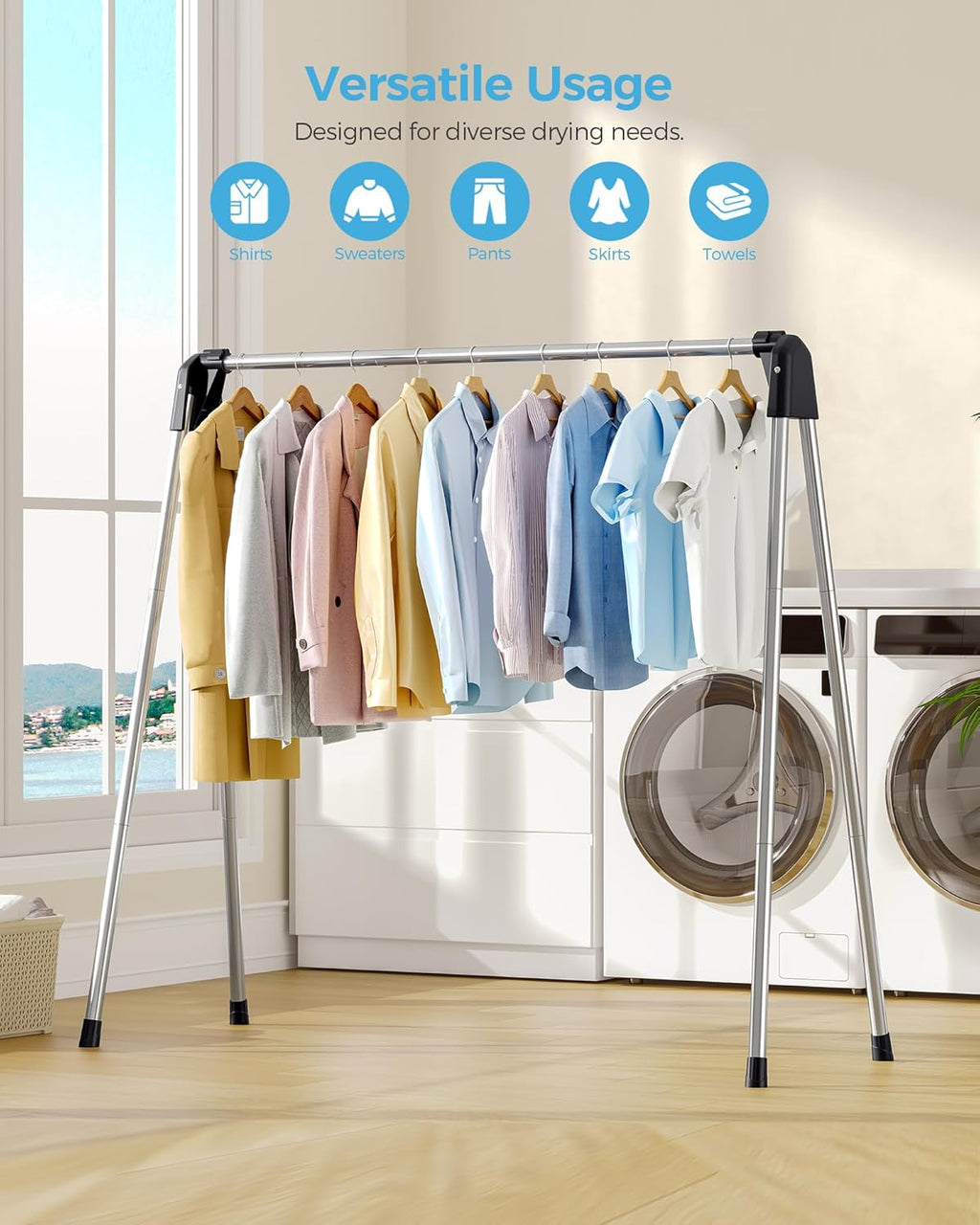 Clothes Drying Rack Foldable, Portable Clothes Airer, 48" H | Stainless Steel, Folds Flat to Storage, Lightweight