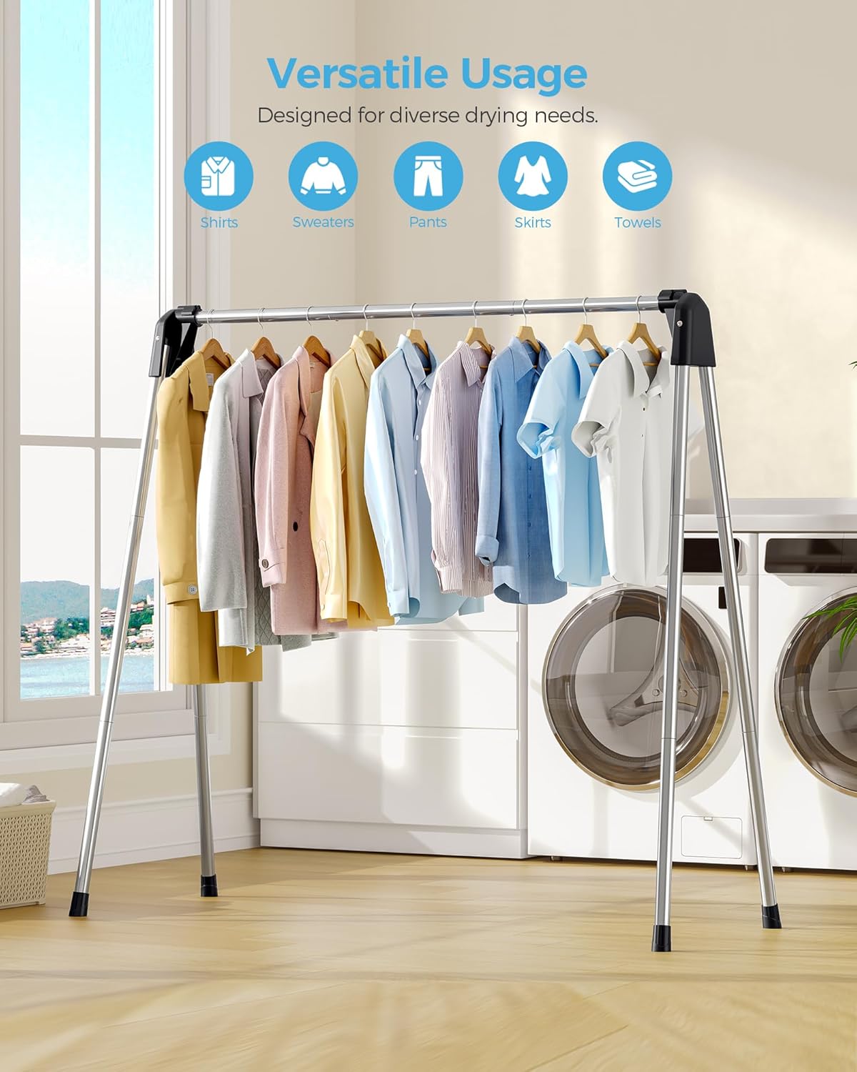 Clothes Drying Rack Foldable, Portable Clothes Airer, 48" H | Stainless Steel, Folds Flat to Storage, Lightweight