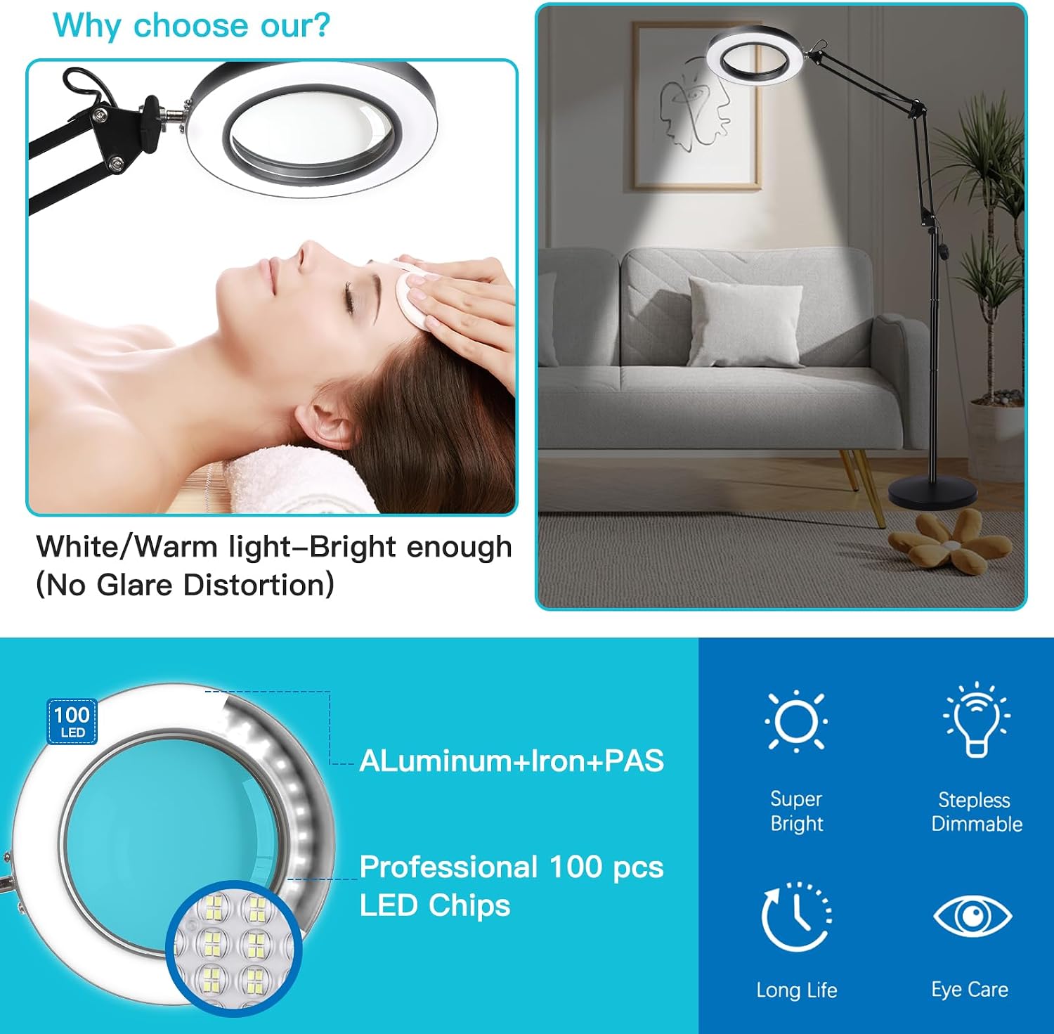 10X Magnifying Floor Lamp, 3-in-1 Hands Free Magnifying Glass with Light and Stand, 2 Color Modes with Clamp for