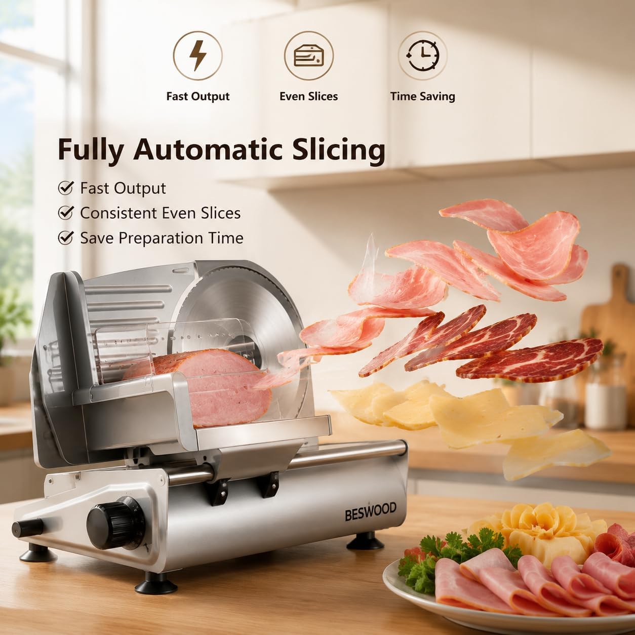 Food Slicer, 633RPM High Speed Meat Slicer with 10 Inch Sharp Blade, Versatile Deli Slicer for Meat, Cheese, Bread &