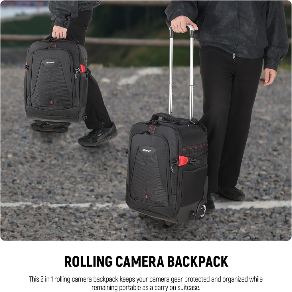 2-in-1 Rolling Camera Backpack Trolley Case - Anti-shock Detachable Padded Compartment, Hidden Pull Bar, Durable