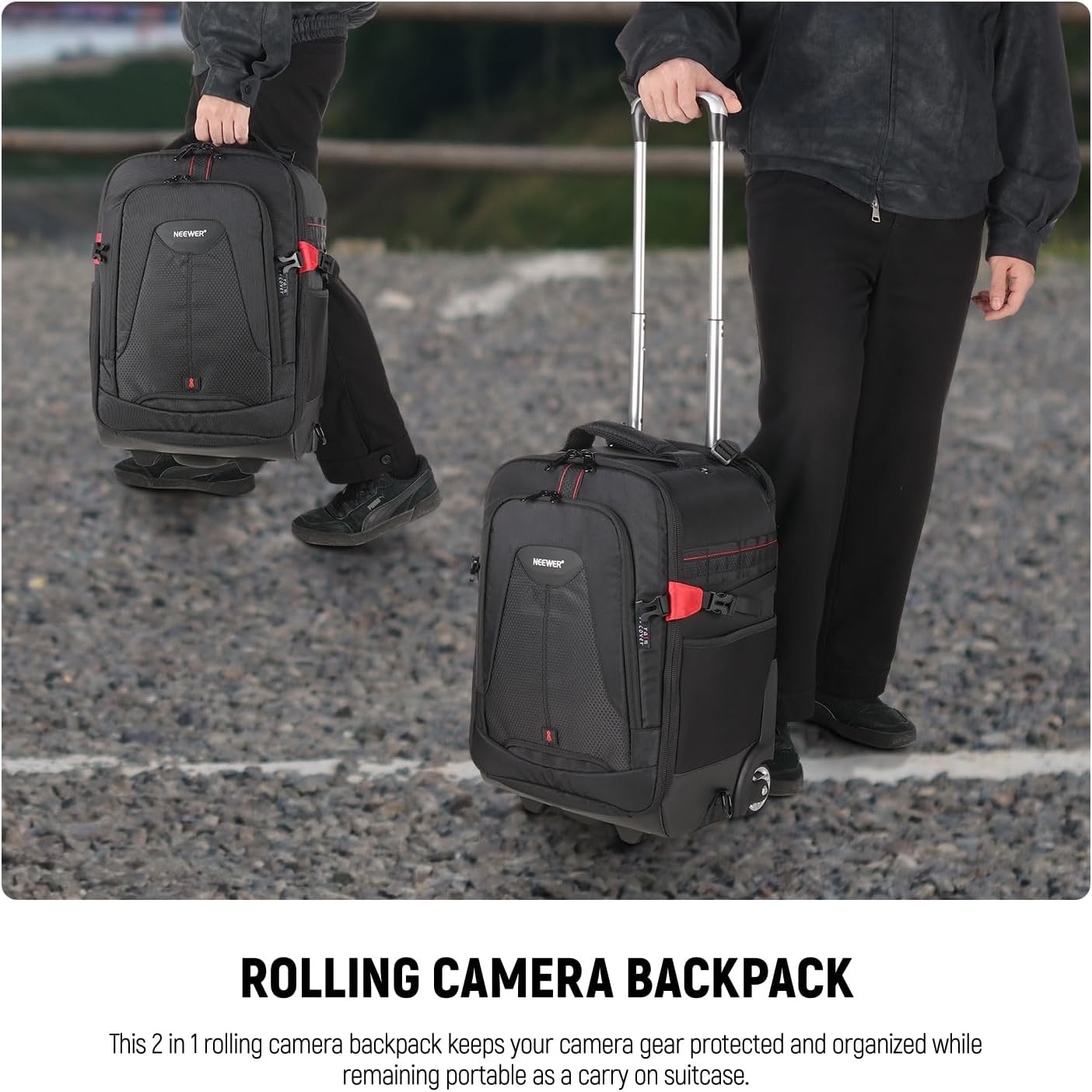 2-in-1 Rolling Camera Backpack Trolley Case - Anti-shock Detachable Padded Compartment, Hidden Pull Bar, Durable