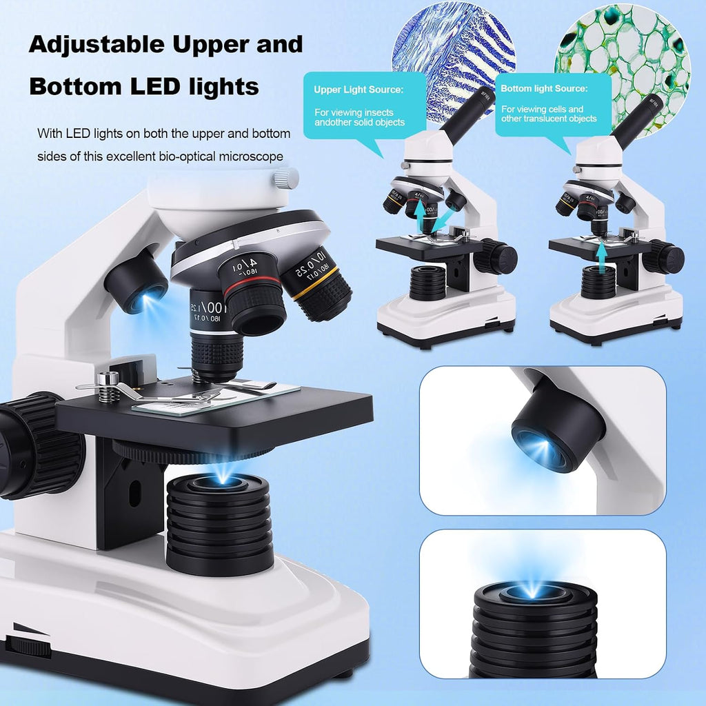 Microscope for Adults & Kids, 40X-2500X High-Power Compound Microscope for Students, School Lab & Home