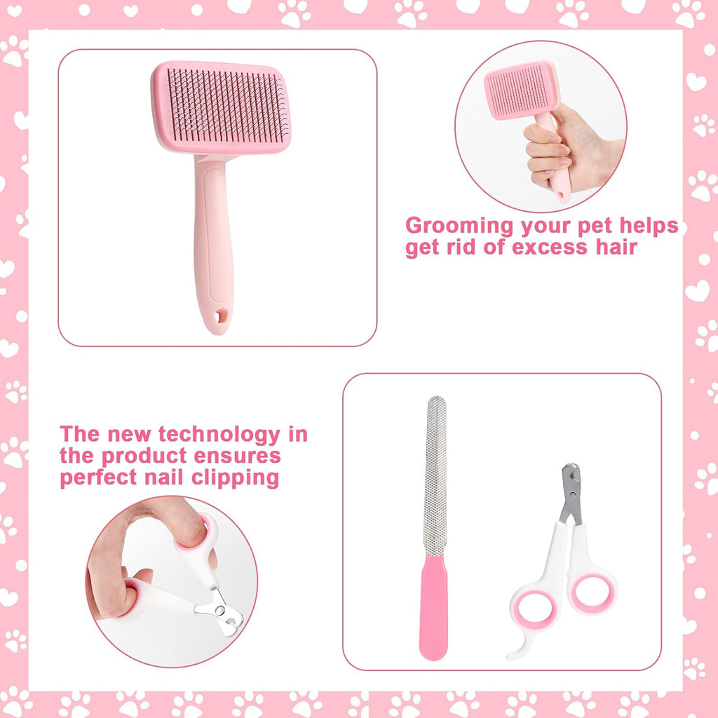 8 Pcs Dog Grooming Kit with Self Cleaning Tools: Nail Clipper, Flea Comb, Shampoo Brush, Shedding Brush, Dematting