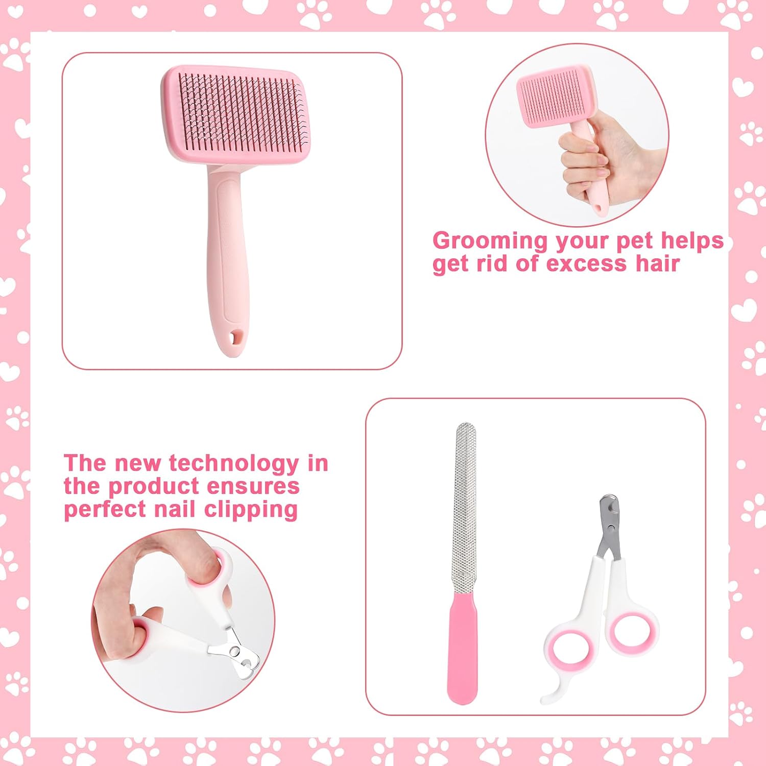8 Pcs Dog Grooming Kit with Self Cleaning Tools: Nail Clipper, Flea Comb, Shampoo Brush, Shedding Brush, Dematting