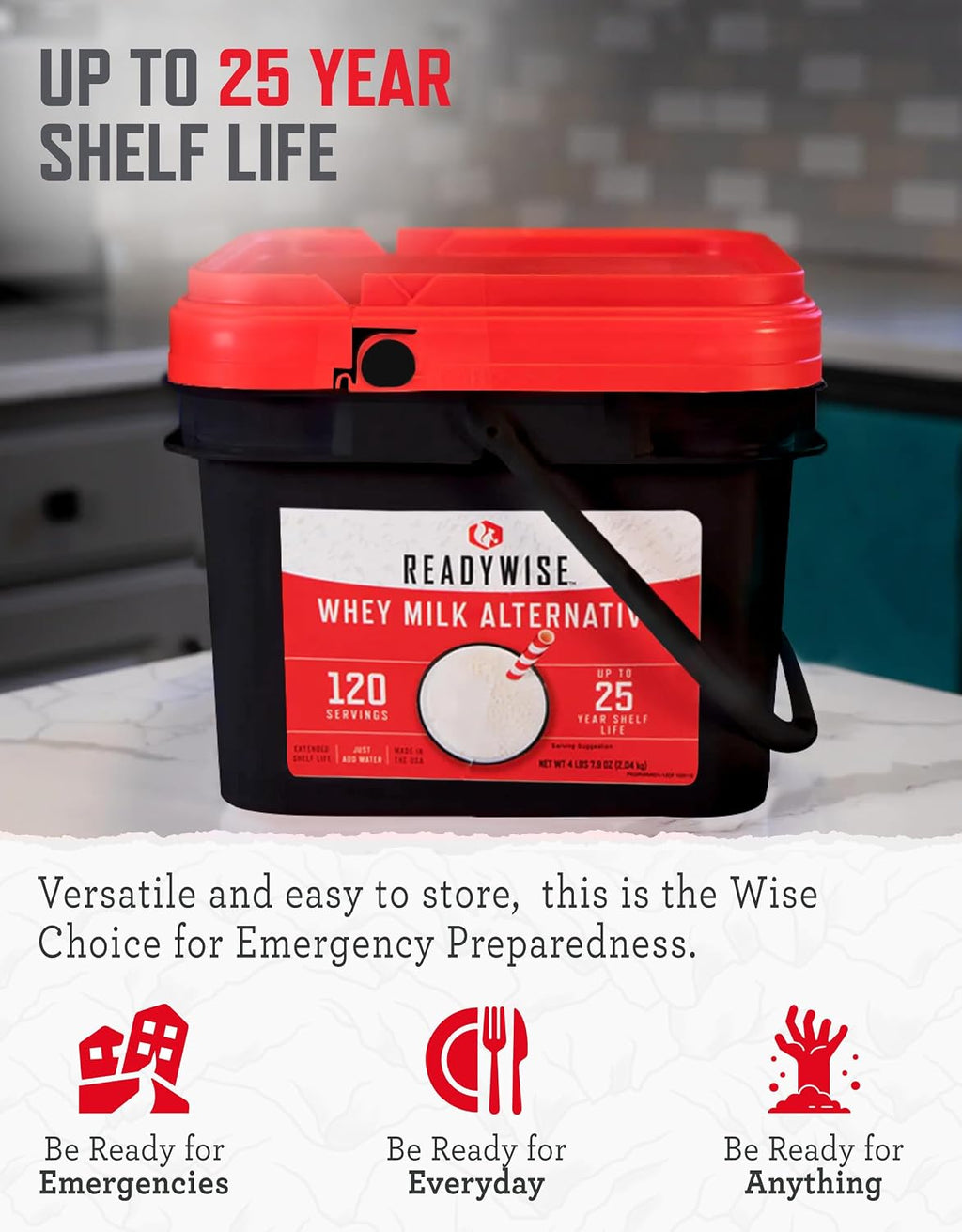 Whey Powdered Milk Alternative - 120 Servings Bucket, Emergency Food Supply, Protein Camping Meals, Survival Kit &