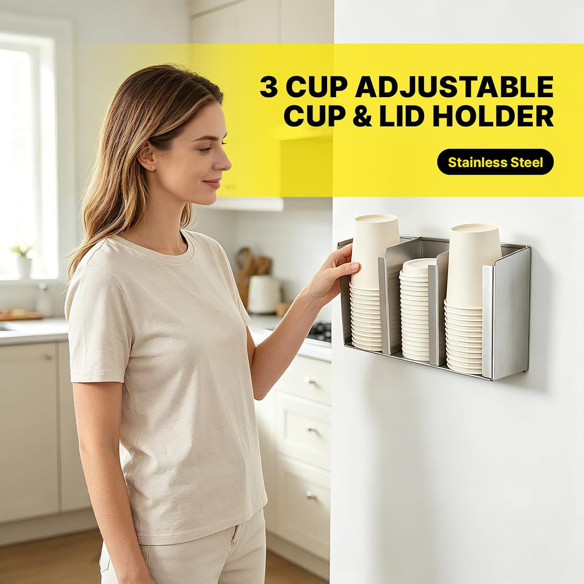 Stainless Steel Cup Dispenser, 3 Compartments Cup & Lid Holder