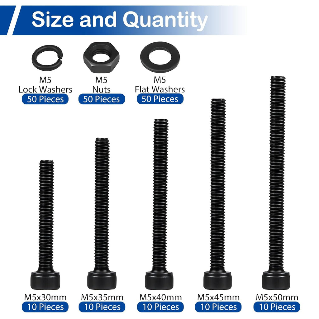 201Pcs M5 x 30-50mm Socket Head Cap Screws Assortment, with Nuts Washers