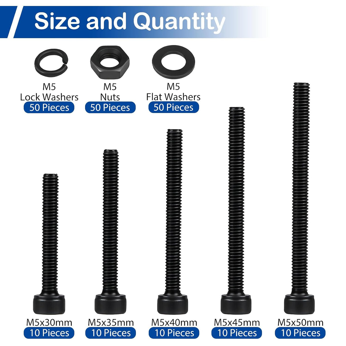 201Pcs M5 x 30-50mm Socket Head Cap Screws Assortment, with Nuts Washers