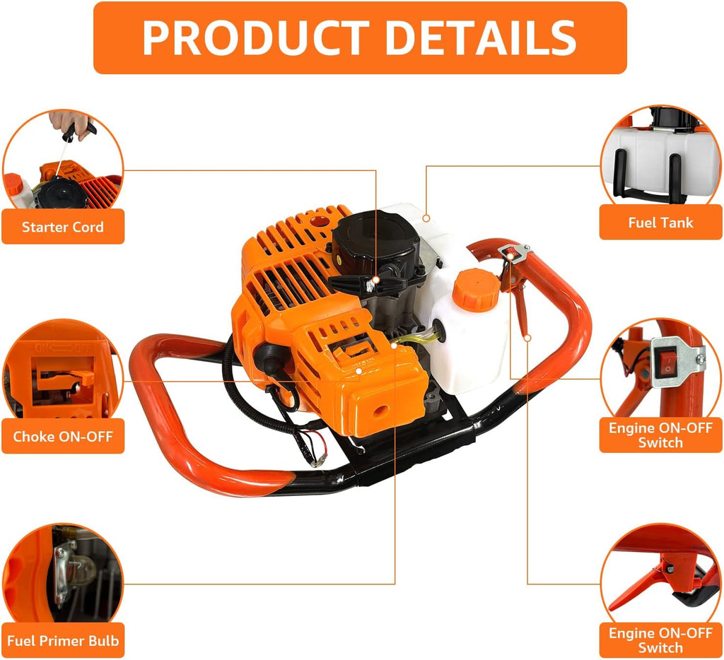 62CC 2-Stroke Gas Powered Post Hole Digger with 3" & 5" & 8" Auger Bits + 24“ & 24" & 24" Extension Rod, Heavy Duty